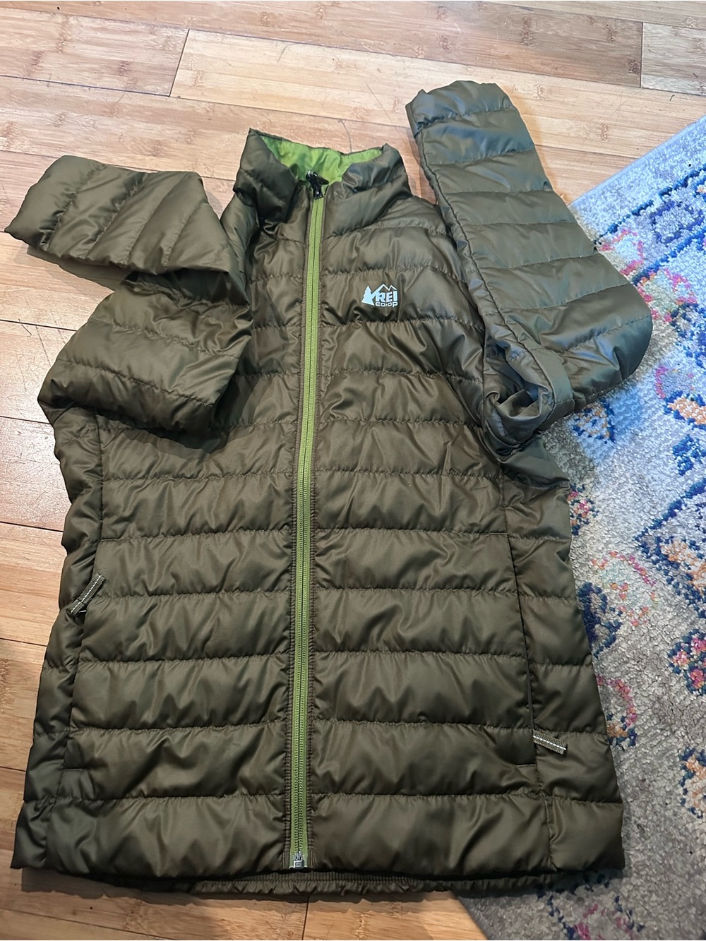 REI Kids Olive Green Puffer Jacket with Lime Green Zipper